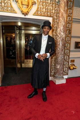 NY: Met Gala 2022 departures from The Pierre hotel Russell Westbrook wearing dress by Thom Browne departs The Pierre Hotel for the 2022 Met Gala on a theme In America: An Anthology of Fashion with dress code calls for gilded glamour New York New York United States Copyright: LevxRadin
