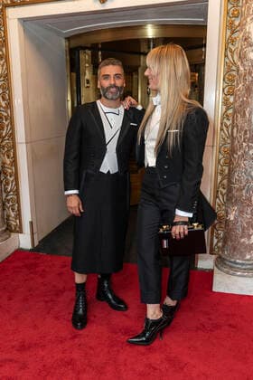 NY: Met Gala 2022 departures from The Pierre hotel Oscar Isaac and Elvira Lind wearing dress by Thom Browne depart The Pierre Hotel for the 2022 Met Gala on a theme In America: An Anthology of Fashion with dress code calls for gilded glamour New York New York United States Copyright: LevxRadin