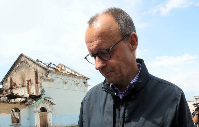 IRPIN, UKRAINE - MAY 3, 2022 - Leader of the Christian Democratic Union, Leader of the Opposition in the Bundestag Friedrich Merz visits Irpin, a city liberated from Russian invaders, Kyiv Region, northern Ukraine. This photo cannot be distributed in the Russian Federation. German politician Friedrich Merz visits Irpin  Copyright: xPavlo_Bagmutx