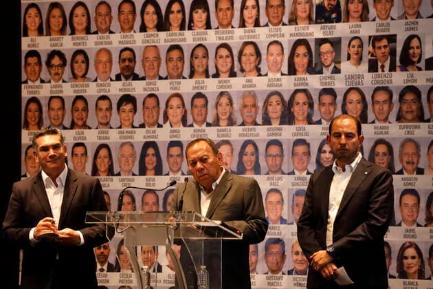 May 2, 2022, Mexico City, Mexico City, Mexico: Leads of the National Action Party Marko Corto s, of the Institutional Revolutionary Party Alejandro Moreno CoÂ¡rdenas and the Democratic Revolution Party Jesus Zambrano during a press conference denounce political persecution against legislators, journalists and dissidents to the regime of Mexico s President Andro s Manuel Lopez Obrador. On May 2, 2022 In Mexico City, Mexico. Mexico City Mexico - ZUMAe321 20220502_zia_e321_006 Copyright: xLuisxBarronx xEyepixxGroupx