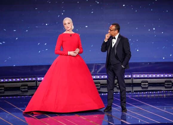 May 3, 2022, ROME, Italia: Italian TV host Carlo Conti with Drusilla Foer at Cinecitta studios during the 67th edition of the David di Donatello Awards, in Rome, Italy, 3 May 2022. ANSA GIUSEPPE LAMI ROME Italia  - ZUMAa110 20220503_zaf_a110_003 Copyright: xGiuseppexLamix