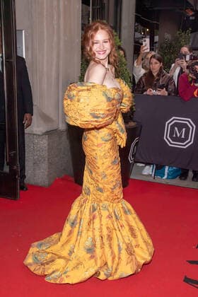 May 2, 2022, New York, United States: Madelaine Petsch wearing Moschino departs The Mark Hotel for 2022 Met Gala in New York City. New York United States - ZUMAs197 20220502_zaa_s197_447 Copyright: xRonxAdarx
