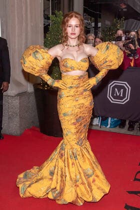 May 2, 2022, New York, United States: Madelaine Petsch wearing Moschino departs The Mark Hotel for 2022 Met Gala in New York City. New York United States - ZUMAs197 20220502_zaa_s197_449 Copyright: xRonxAdarx