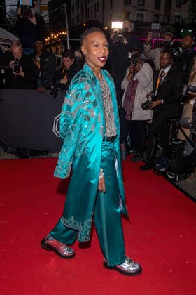 May 2, 2022, New York, United States: Lena Waithe wearing Versace departs The Mark Hotel for 2022 Met Gala in New York City. New York United States - ZUMAs197 20220502_zaa_s197_485 Copyright: xRonxAdarx