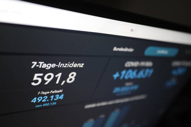 RKI dashboard, 7 day incidence is now 591.8 7 day incidence, RKI dashboard on a monitor on 04 05 2022 in Siegen Germany.