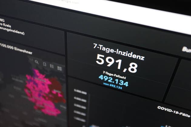 RKI dashboard, 7 day incidence is now 591.8 7 day incidence, RKI dashboard on a monitor on 04 05 2022 in Siegen Germany.