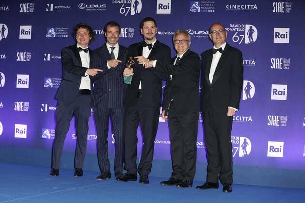 Photo IPP Pizzi Paolo Rome 03 05 2022 award ceremony of the 67th David Di Donatello prize of Italian cinema In the picture Mattia Guerra, Andrea Occhipinti, Gabriele Mainetti, Paolo Del Brocco and Stefano Massenzi, awarded for the best production Italy Photo Press World Copyright  0
