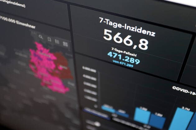 RKI dashboard, 7 day incidence is now 566.8 7 day incidence, RKI dashboard on a monitor on 05 05 2022 in Siegen Germany.