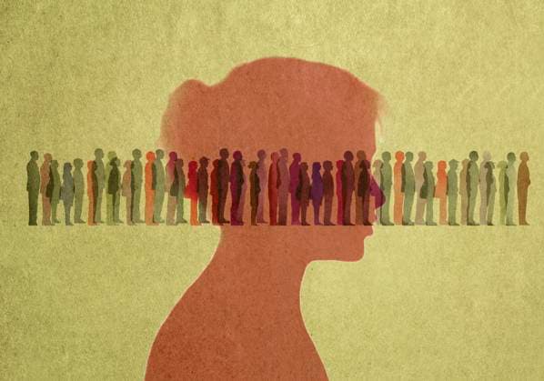 Eine Reihe von Menschen überlagert das Profil einer jungen Frau *** A series of people superimposed on the profile of a young woman  Copyright: xGaryxWatersx 11592365