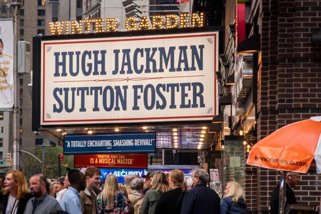Broadway theatres in New York The marquee of the Winter Garden Theatre in New York is decorated promoting stars Hugh Jackman and Sutton Foster in the production of Meredith Wilson™s The Music Man musical on Wednesday, May 4, 2022. (  RichardxB.xLevine