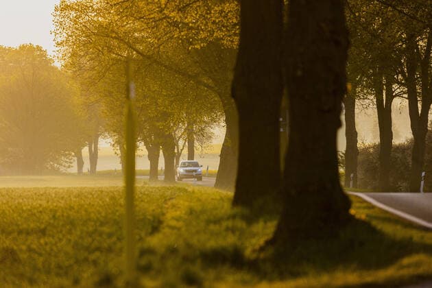 IMAGO Creative: Gesellschaft, Mobilität auf dem Land Ein Auto faehrt ueber eine Landstrasse beim Morgenlicht in Glasewitz, 05.05.2022. Glasewitz Deutschland *** A car drives over a country road in the morning light in Glasewitz, 05 05 2022 Glasewitz Germany Copyright: xFlorianxGaertner photothek.dex