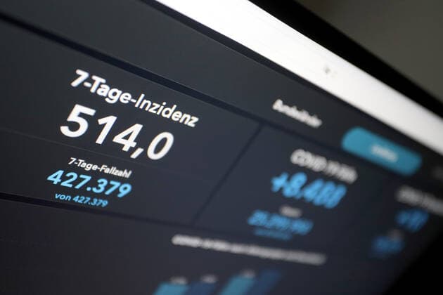 RKI dashboard, 7 day incidence is now 514.0 7 day incidence, RKI dashboard on a monitor on 08 05 2022 in Siegen Germany.