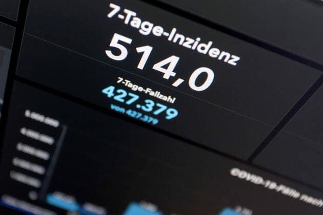 RKI dashboard, 7 day incidence is now 514.0 7 day incidence, RKI dashboard on a monitor on 08 05 2022 in Siegen Germany.