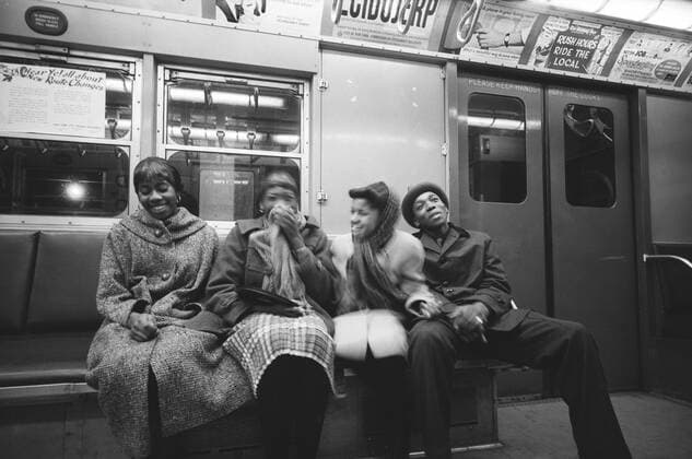 Four young adults sharing Laugh on Subway, New York City, New York, USA, Angelo Rizzuto, Anthony Angel Collection, February 1959  Copyright: xCircaxImagesx ghi-circa11111