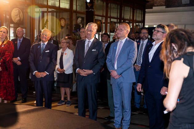 King Philippe - Filip of Belgium and Vice-prime minister and Mobility Minister Georges Gilkinet pictured during a royal visit to Train World, for the openning of the new temporary exposition Royals & Trains , in Brussels, Monday 09 May 2022. This temporary exhibition highlights the historical links between the royal family and the railroads. It brings together period objects and unpublished archives from the SNCB and the Royal Palace. It also allows to admire five royal cars, most of which are presented to the public for the first time.  HATIMxKAGHAT 34680506