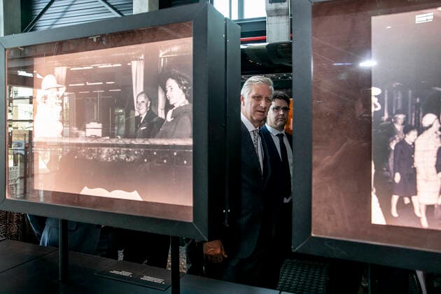 King Philippe - Filip of Belgium pictured during a royal visit to Train World, for the openning of the new temporary exposition Royals & Trains , in Brussels, Monday 09 May 2022. This temporary exhibition highlights the historical links between the royal family and the railroads. It brings together period objects and unpublished archives from the SNCB and the Royal Palace. It also allows to admire five royal cars, most of which are presented to the public for the first time.  HATIMxKAGHAT 34681494