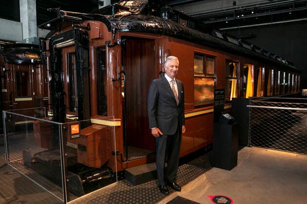 King Philippe - Filip of Belgium pictured during a royal visit to Train World, for the openning of the new temporary exposition Royals & Trains , in Brussels, Monday 09 May 2022. This temporary exhibition highlights the historical links between the royal family and the railroads. It brings together period objects and unpublished archives from the SNCB and the Royal Palace. It also allows to admire five royal cars, most of which are presented to the public for the first time.  HATIMxKAGHAT 34681502