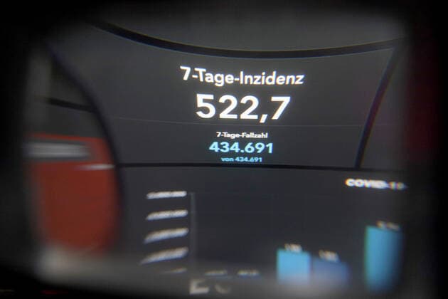 RKI dashboard, 7 day incidence is now 522.7 7 day incidence, RKI dashboard on a monitor on 10 05 2022 in Siegen Germany.