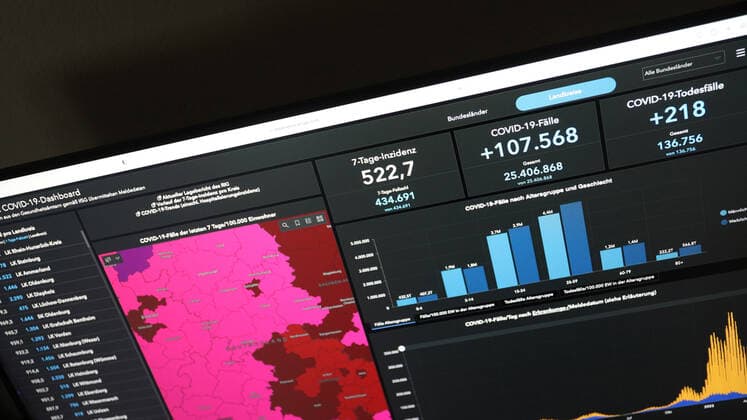 RKI dashboard, 7 day incidence is now 522.7 7 day incidence, RKI dashboard on a monitor on 10 05 2022 in Siegen Germany.