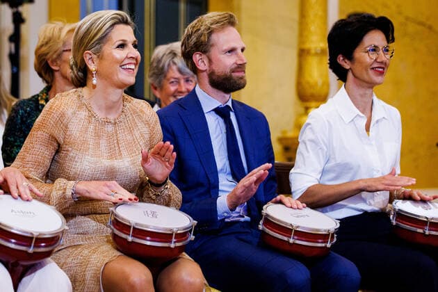 10-05-2022 The Hague Queen Maxima with Minister Dennis Wiersma of Primary and Secondary Education and State Secretary Gunay Uslu of Culture at the start of the conference More Music in My Classroom, Meer Muziek in Mijn Klas, at Noordeinde palace in The Hague. Â  Copyright: xPPEx