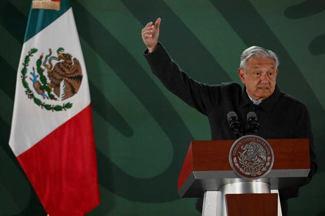 February 17, 2022, Tijuana, Baja California, Mexico: Mexican President ANDRES MANUEL LOPEZ OBRADOR (AMLO) in Tijuana, Mexico addresses multiple topics to reporters in his morning press conference, including the federal government s progress in the investigations of slain journalists Margarito Martinez and Lourdes Maldonado, while continuing his grievances towards the journalists he disapproves. Tijuana Mexico - ZUMAm180 20220217_zip_m180_006 Copyright: xCarlosxA.xMorenox