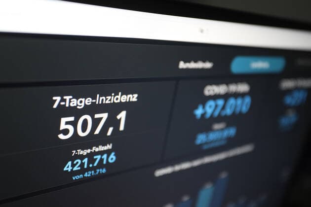 RKI dashboard, 7 day incidence is now 507.1 7 day incidence, RKI dashboard on a monitor on 11 05 2022 in Siegen Germany.