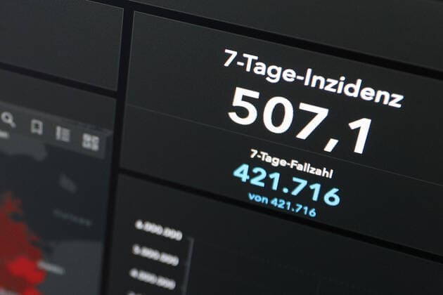 RKI dashboard, 7 day incidence is now 507.1 7 day incidence, RKI dashboard on a monitor on 11 05 2022 in Siegen Germany.