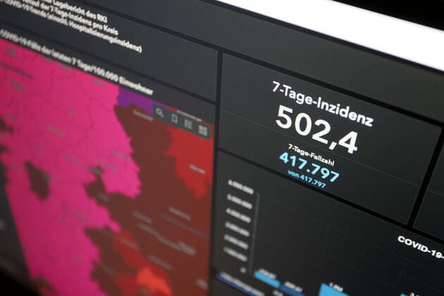 RKI dashboard, 7 day incidence is now 502.4 7 day incidence, RKI dashboard on a monitor on 12 05 2022 in Siegen Germany.