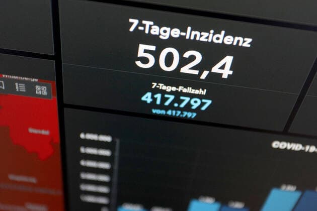 RKI dashboard, 7 day incidence is now 502.4 7 day incidence, RKI dashboard on a monitor on 12 05 2022 in Siegen Germany.