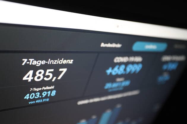 RKI dashboard, 7 day incidence is now 485.7 7 day incidence, RKI dashboard on a monitor on 13 05 2022 in Siegen Germany.