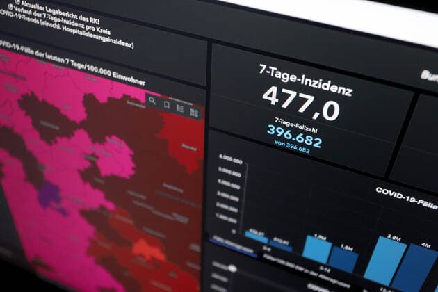 RKI dashboard, 7 day incidence is now 477.0 7 day incidence, RKI dashboard on a monitor on 14 05 2022 in Siegen Germany.