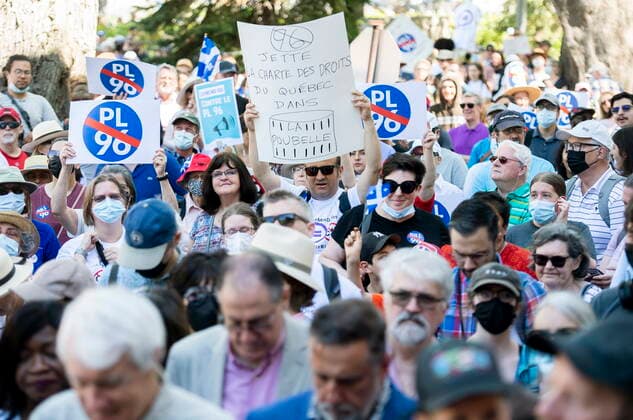 May 14, 2022, Montreal, PQ, Canada: People take part in a demonstration against Bill 96 in Montreal, Saturday, May 14, 2022. Montreal Canada  - ZUMAc35_ 20220514_zaf_c35_002 Copyright: xGrahamxHughesx