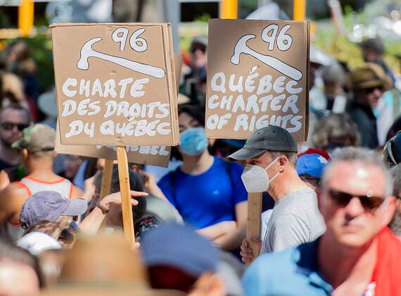 May 14, 2022, Montreal, PQ, Canada: People take part in a demonstration against Bill 96 in Montreal, Saturday, May 14, 2022. Montreal Canada  - ZUMAc35_ 20220514_zaf_c35_006 Copyright: xGrahamxHughesx