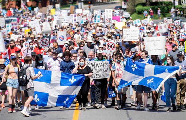 May 14, 2022, Montreal, PQ, Canada: People take part in a demonstration against Bill 96 in Montreal, Saturday, May 14, 2022. Montreal Canada  - ZUMAc35_ 20220514_zaf_c35_009 Copyright: xGrahamxHughesx