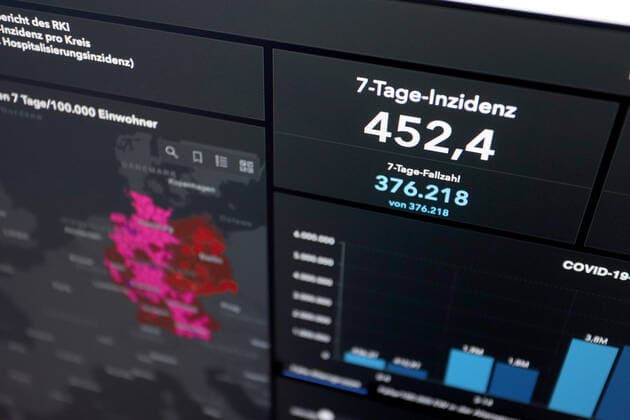 RKI dashboard, 7 day incidence is now 452.4 7 day incidence, RKI dashboard on a monitor on 15 05 2022 in Siegen Germany.
