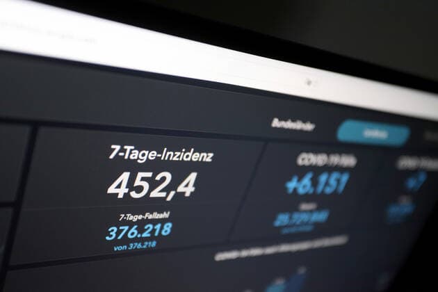RKI dashboard, 7 day incidence is now 452.4 7 day incidence, RKI dashboard on a monitor on 15 05 2022 in Siegen Germany.