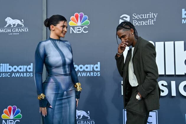 Kylie Jenner and Travis Scott attend the annual Billboard Music Awards held at the MGM Grand Garden Arena in Las Vegas, Nevada on May 15, 2022.  LAV202205150141 JIMxRUYMEN