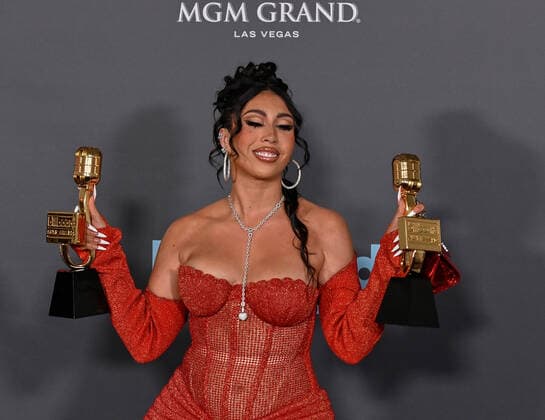 Kali Uchis appears backstage with her two awards during the annual Billboard Music Awards held at the MGM Grand Garden Arena in Las Vegas on May 15, 2022. The musician was honored asTop Latin Female Artist and for Top Latin Song for telepatía .  LAV202205150435 JIMxRUYMEN
