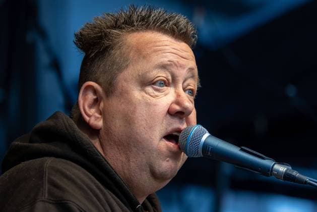 Sebastian Krumbiegel, musician, singer and frontman of the band Die Prinzen sings on 30 04 2022 at an event in Zwickau Zwickau Saxony Germany
