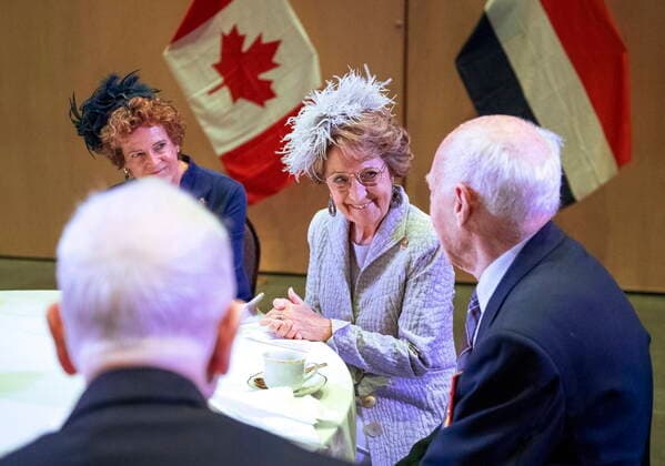 May 16, 2022, Ottawa, ON, CAN: Princess Margriet of the Netherlands speaks with Canadian Air Force veterans Desmond Peters, right, and Robert Bradley, left, during a visit to the Canadian War Museum in Ottawa, on Monday, May 16, 2022. Princess Margriet is visiting Ottawa, the city where she was born during the Second World War. The princess was born at the Ottawa Civic Hospital after the Dutch royal family fled to Canada to escape Nazi occupying forces in 1940. Ottawa CAN - ZUMAc35_ 20220516_zaf_c35_013 Copyright: xJustinxTangx