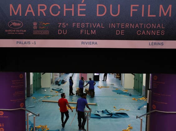 (220517) -- CANNES, May 17, 2022 -- Staff members carry out preparation work at the Palais des Festivals ahead of the 75th Cannes Film Festival in Cannes, southern France, May 16, 2022. The 75th Cannes Film Festival is scheduled to be held from May 17 to 28. ) FRANCE-CANNES-FILM FESTIVAL-PREPARATION GaoxJing 