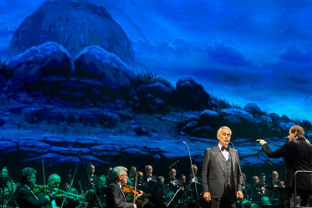 Italian opera singer Andrea Bocelli performs together with the Czech National Symphony Orchestra during the Believe World Tour 2022 in O2 Arena in Prague, Czech Republic, May 17, 2022. (CTKxPhoto VitxSimanek) CTKPhotoP2022051708813  VIS 003
