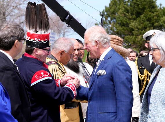 May 17, 2022, St. John s, NL, Canada: Indigenous leaders greet Prince Charles and Camilla, Duchess of Cornwall as they arrive in St. John s to begin a three-day Canadian tour, Tuesday, May 17, 2022. St. John s Canada  - ZUMAc35_ 20220517_zaf_c35_130 Copyright: xPaulxChiassonx