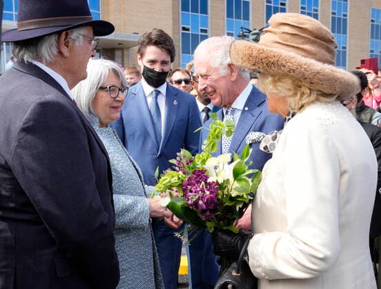 May 17, 2022, St. John s, NL, Canada: Prince Charles and Camilla, Duchess of Cornwall greet Canada™s Gov.-Gen. Mary Simon and her husband Whit Fraser as Prime Minister Justin Trudeau looks on, in St. John s during the start a three-day Canadian tour, Tuesday, May 17, 2022. St. John s Canada  - ZUMAc35_ 20220517_zaf_c35_134 Copyright: xPaulxChiassonx