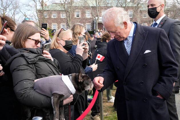 May 17, 2022, St. John s, NL, Canada: Prince Charles greets a woman and a dog in St. John s as the Royal couple arrives for a visit to Canada on Tuesday, May 17, 2022. St. John s Canada  - ZUMAc35_ 20220517_zaf_c35_189 Copyright: xPaulxChiassonx