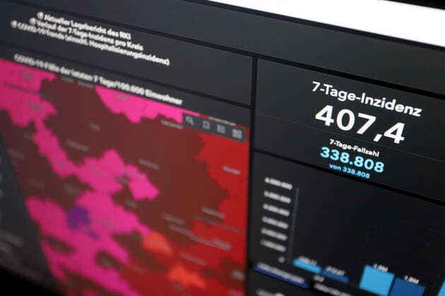 RKI dashboard, 7 day incidence is now 407.4 7 day incidence, RKI dashboard on a monitor on 18 05 2022 in Siegen Germany.