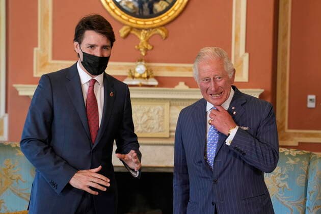 May 18, 2022, Ottawa, ON, Canada: Prince Charles meets with Prime Minister Justin Trudeau during a bilateral meeting at Government House in Ottawa on the Canadian Royal Tour, Wednesday, May 18, 2022. Ottawa Canada  - ZUMAc35_ 20220518_zaf_c35_121 Copyright: xPaulxChiassonx