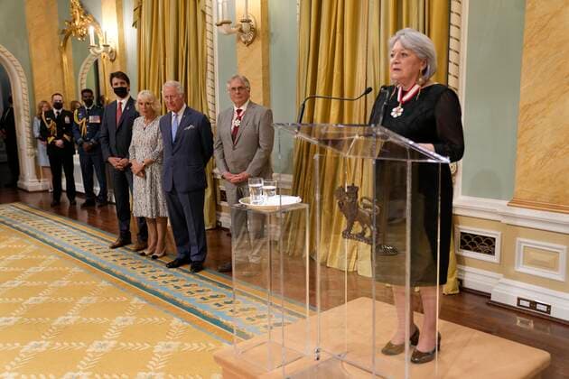May 18, 2022, Ottawa, ON, Canada: Prince Charles Prince Charles Camilla, Duchess of Cornwall, and Prime Minister Justin Trudeau look on as Mary Simon, Governor General of Canada, speaks during a special evening reception at Rideau Hall to celebrate Her Majesty™s Platinum Jubilee in Ottawa on Wednesday May 18, 2022. Ottawa Canada  - ZUMAc35_ 20220518_zaf_c35_176 Copyright: xPaulxChiassonx