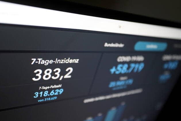 RKI dashboard, 7 day incidence is now 383.2 7 day incidence, RKI dashboard on a monitor on 19 05 2022 in Siegen Germany.