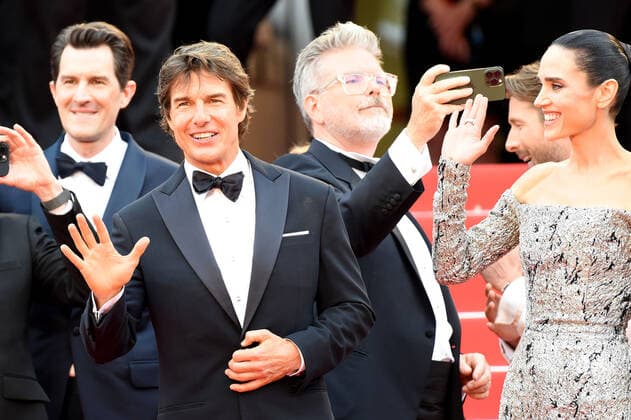Tom Cruise and Jennifer Connelly at the Top Gun Maverick movie premiere on 18 05 2022 at the 75 Cannes Film Festival in Cannes 75 Cannes Film Festival 2022 Top Gun Maverick movie premiere